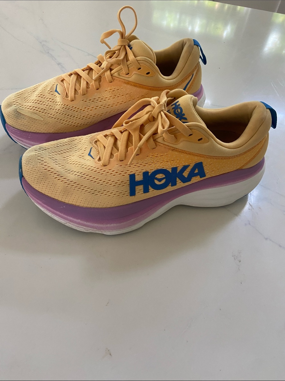 Hoka Women's Peach and Blue Athletic Running Shoes with Pink Midsole